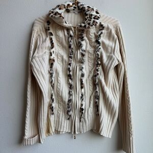 Vintage Escada Goat Leather Fur Y2K Wool Cashmere Sweater Mob Wife Size 44 XL